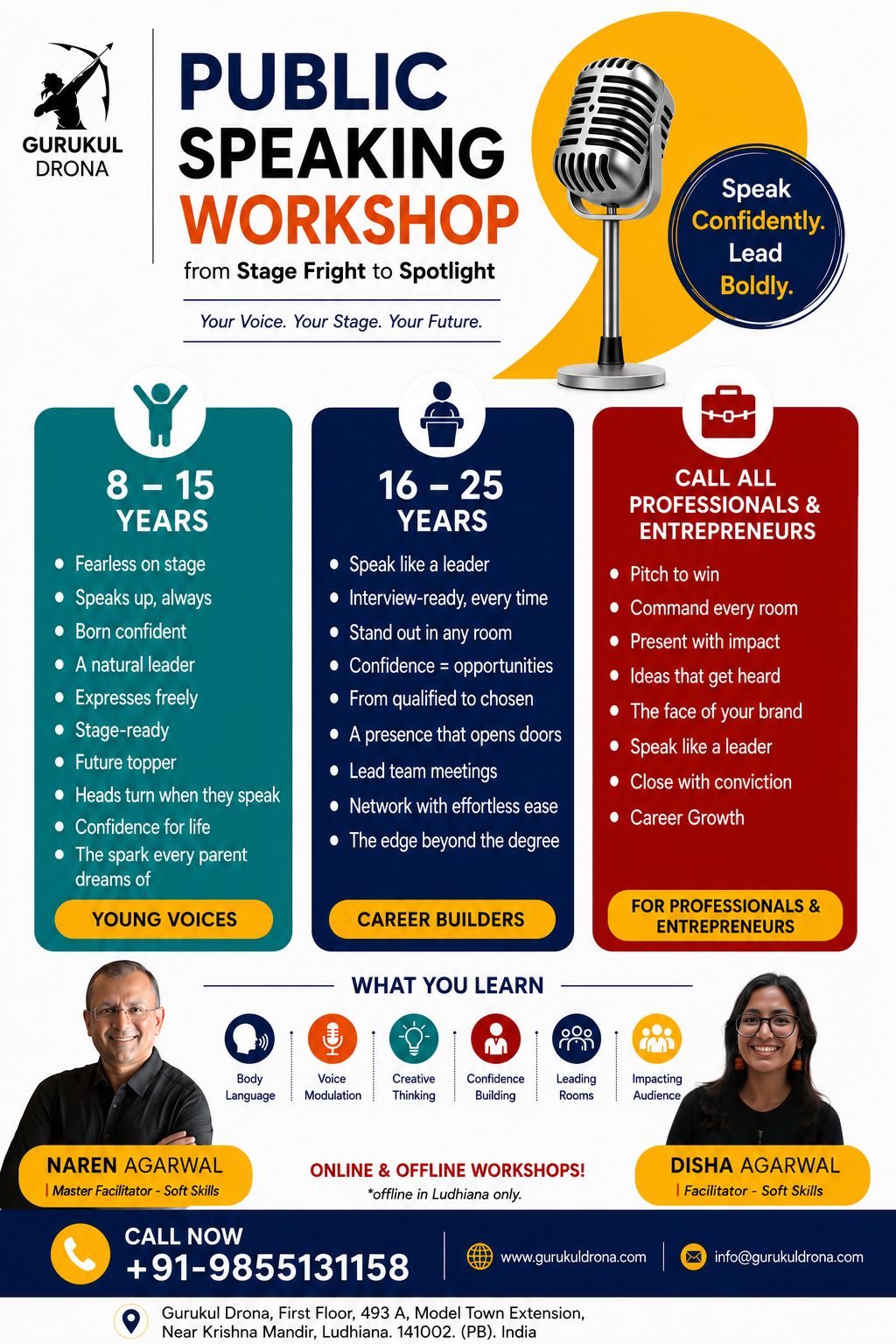 Gurukul Drona Public Speaking Workshop — three tracks for 8–15 years, 16–25 years, and professionals and entrepreneurs