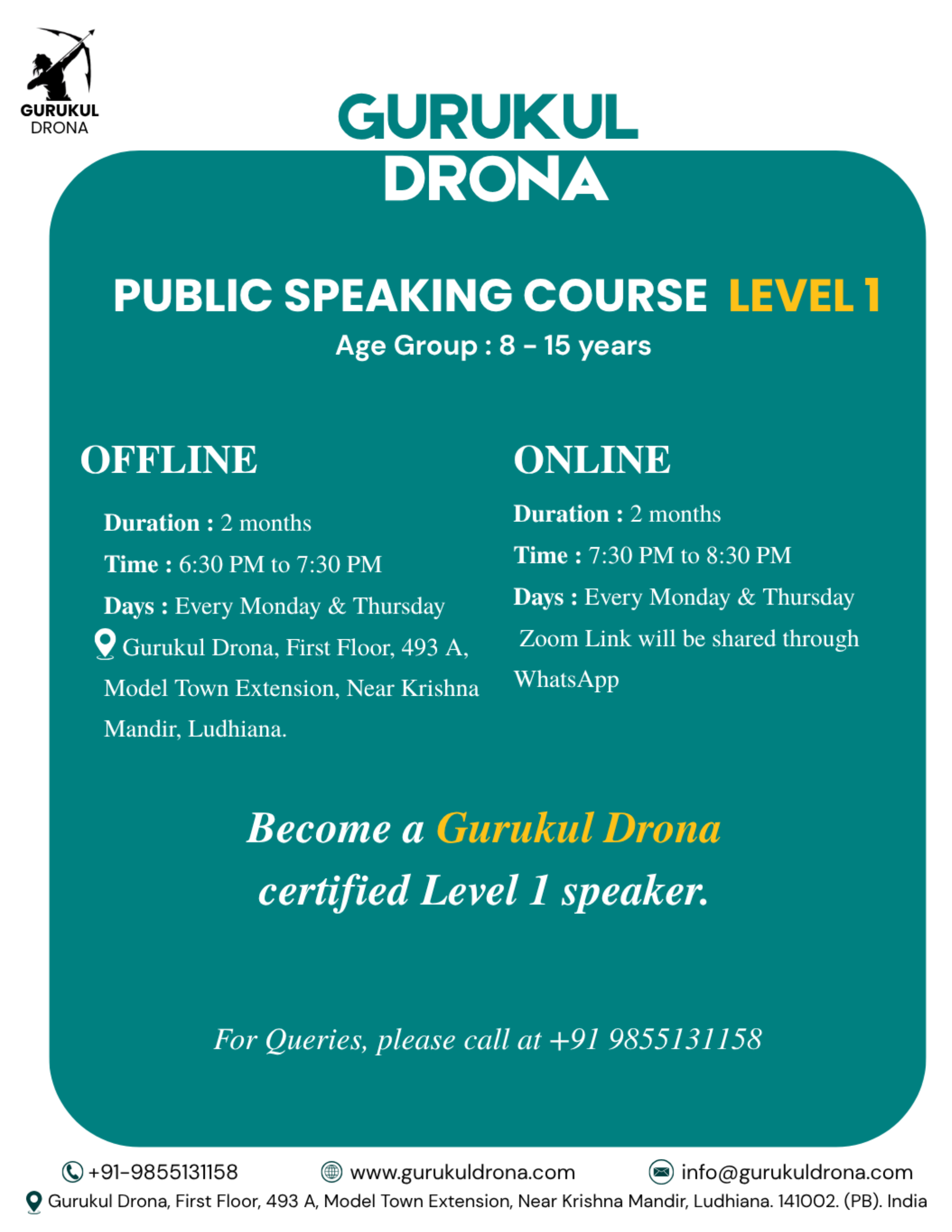 Public Speaking Course Level 1, age group 8 to 15 years — offline and online timings