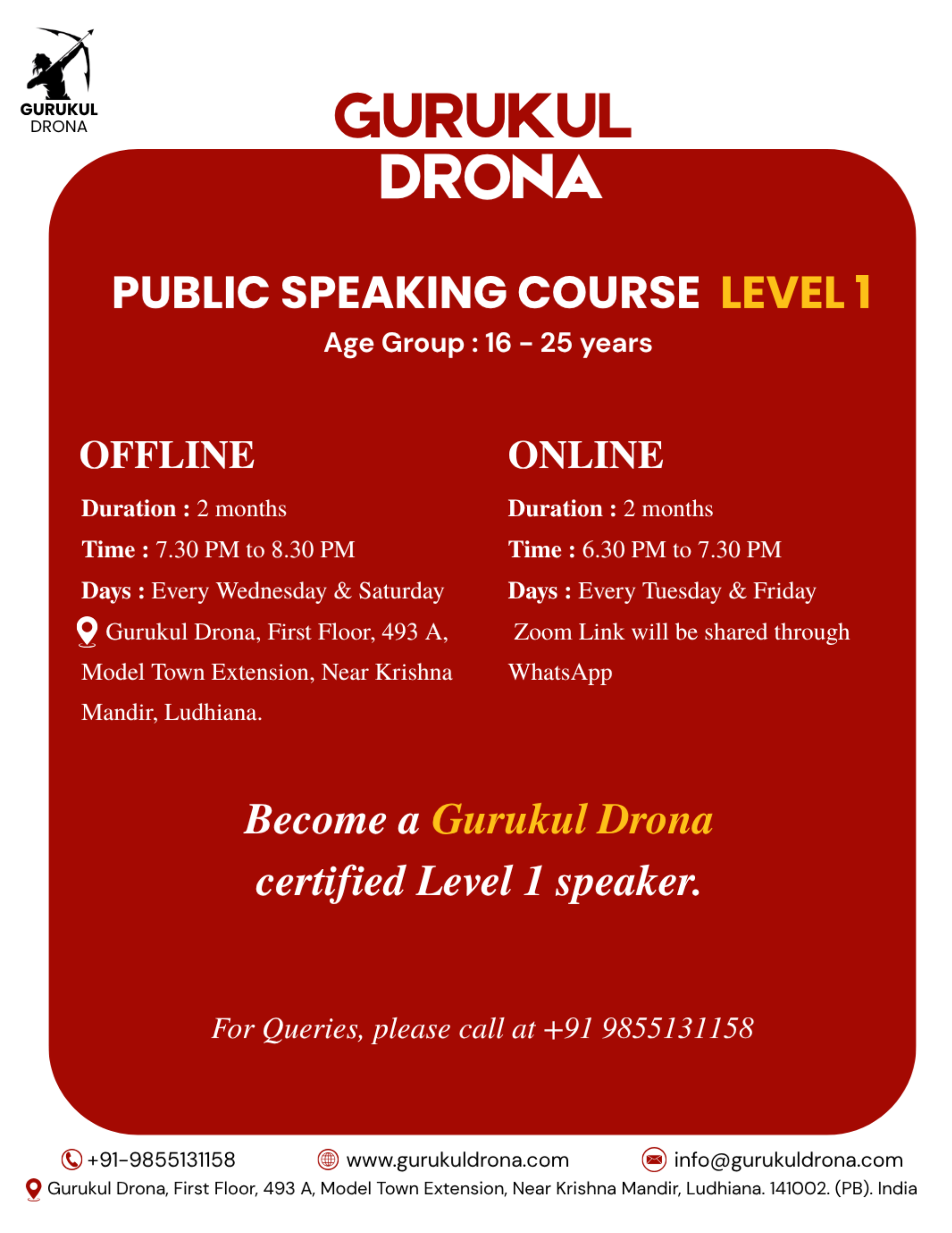 Public Speaking Course Level 1, age group 16 to 25 years — offline and online timings